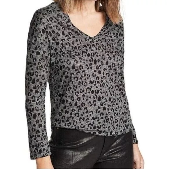 Rails Sami 100% linen charcoal leopard print long-sleeve v-neck top sz large - Picture 2 of 14
